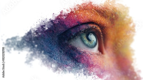 A colorful, abstract painting of a human eye with a mix of colors and textures, set against a white background.