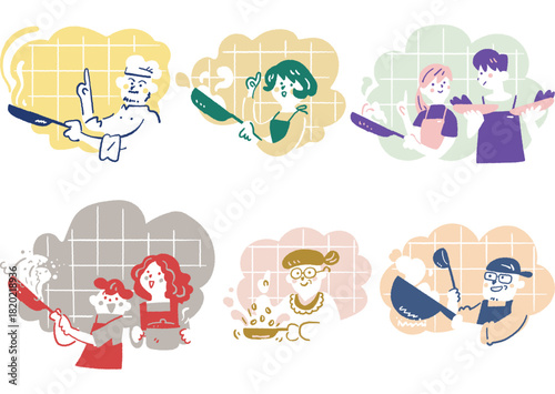 フライパンで調理する様々な人々　　クッキングを楽しむ人々シリーズ
