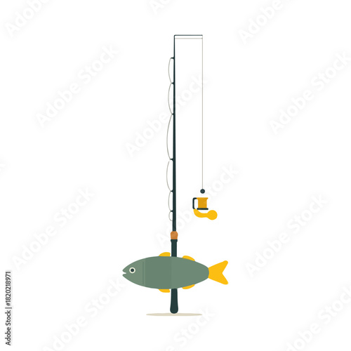 Fishing Rod Catches Fish Minimalist Flat Design