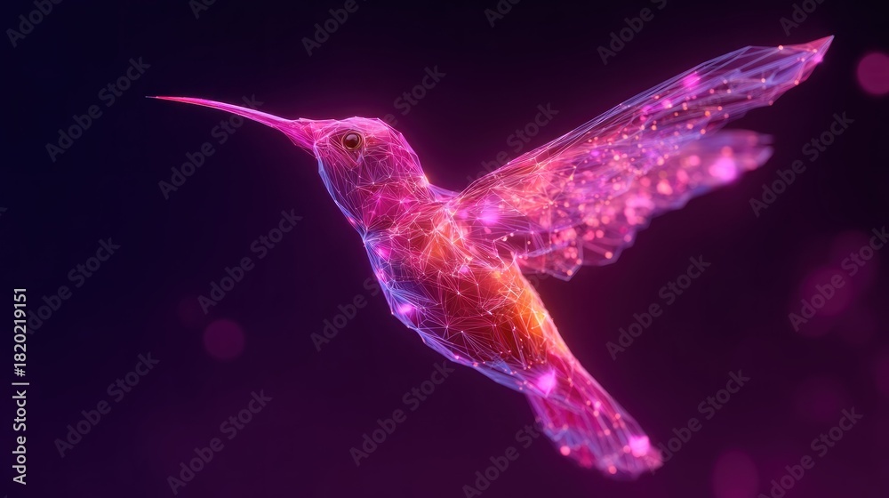 Fototapeta premium A vibrant, abstract digital hummingbird with a pink and orange hue, flying against a dark purple background with a glowing, starry sky.