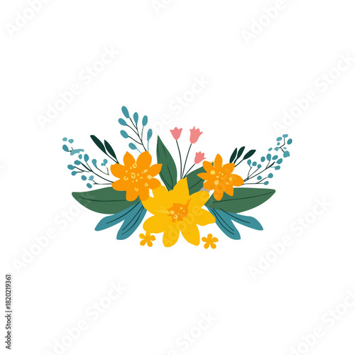 Floral Arrangement Bright Yellow Flowers and Foliage