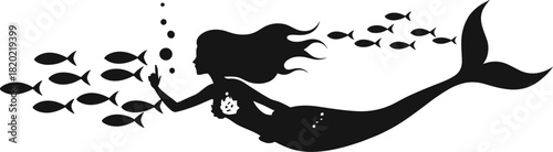 Black silhouette of a mermaid swimming with a school of fish and bubbles black and white