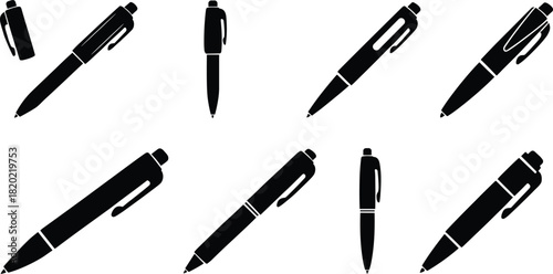 Collection of black silhouette ballpoint pens in various orientations on a white background