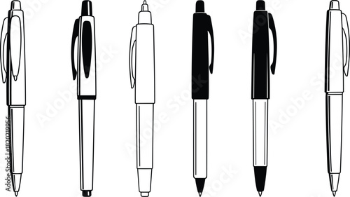 Collection of six black and white pen illustrations with different designs writing instrument