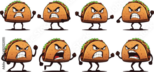 Eight angry cartoon tacos with clenched fists and aggressive expressions character