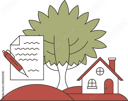 Illustration of a house tree and document with a pencil representing home ownership and legal agreements