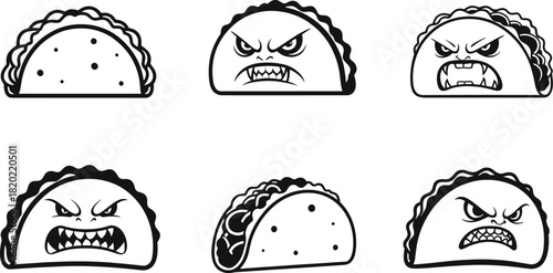 Six black and white cartoon tacos with angry faces and one plain taco food mexican food