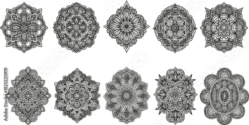 Ten black and white intricate mandala designs arranged in two rows on a white background