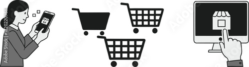 Woman using smartphone for online shopping with shopping cart icons and computer screen