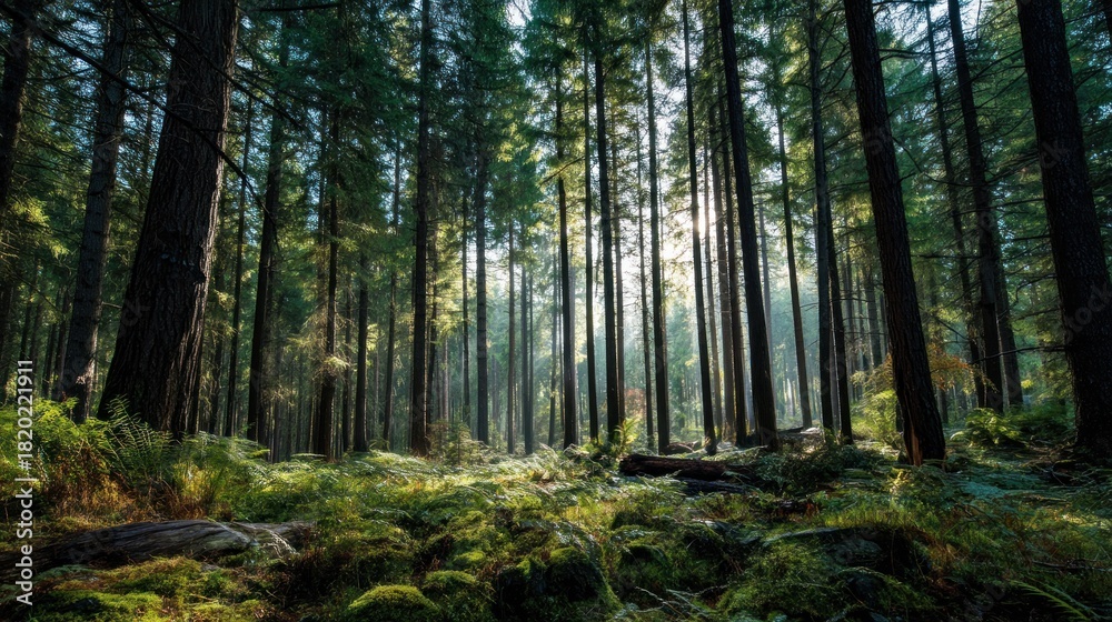 Naklejka premium A dense forest with tall trees, green ferns, and sunlight filtering through the branches, creating a serene and natural setting.