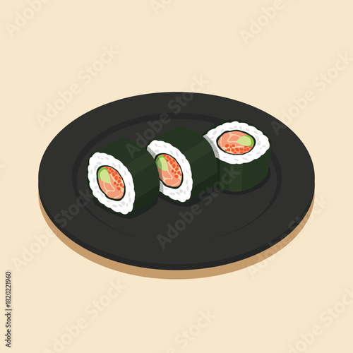 Three pieces of salmon maki sushi on black plate flat vector illustration