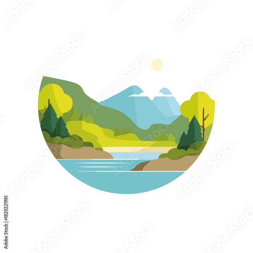 Scenic Lake Landscape Within a Decorative Circle, Minimalist Design