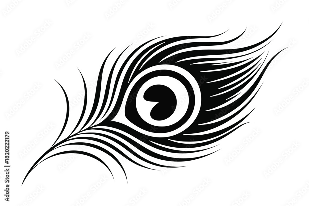 Fototapeta premium Black and white stylized peacock feather with a prominent eye design vector illustration