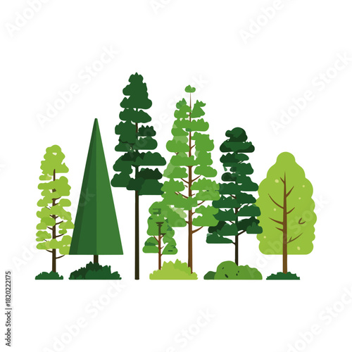 Stylized Forest Green Trees and Hedges on White Background