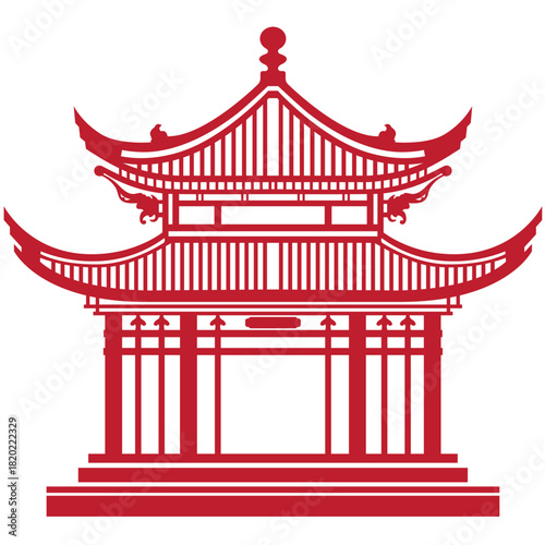 Red Chinese Pavilion Illustration Featuring Elegant Tiered Roof, Wooden Structure Lines, and Vintage East Asian Architectural Style