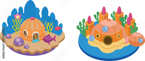 Tiny Coral Village Built on a Pearl – Mini Underwater World, Fantasy Ocean Architecture, Submerged Reef Homes, Magical Micro Marine Scene, Aquatic Wonderland