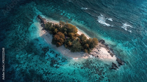 Fototapeta Naklejka Na Ścianę i Meble -  A small, isolated island with a sandy beach and lush green vegetation, surrounded by crystal-clear turquoise waters.