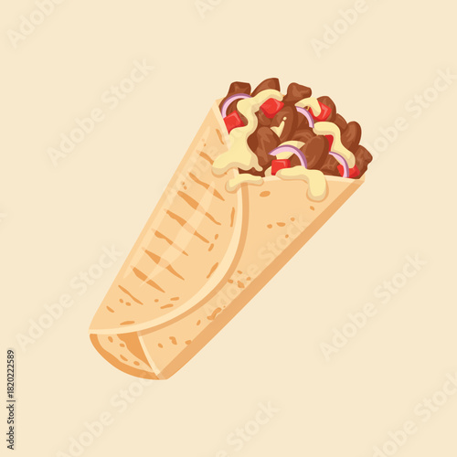 Beef shawarma wrap with mayo and vegetables flat vector illustration