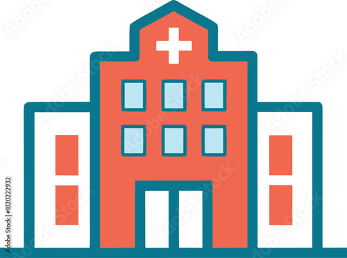 Flat icon of a hospital building with a red facade and windows