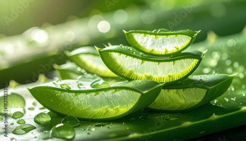 Aloe Vera slices with water drops, a refreshing and natural green plant.