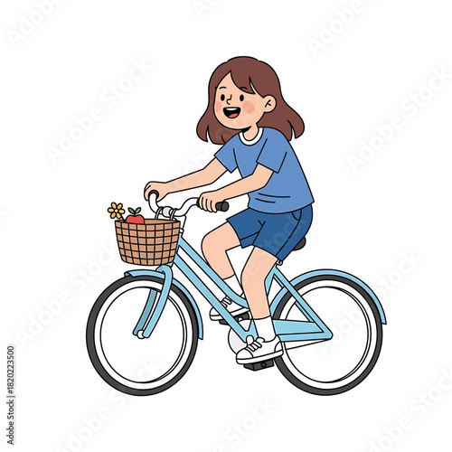 A young girl happily riding a bicycle with a basket full of produce, enjoying a sunny day outdoors