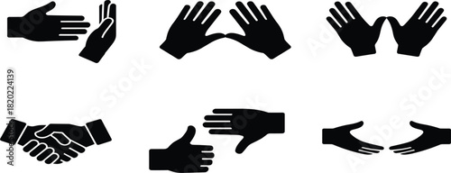 Hand gestures and interaction solid icons set, handshake, high five, thumbs up, and communication vector symbols
