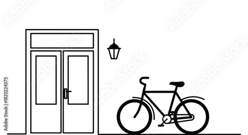 Minimalist bicycle parked outside shop storefront with hanging lantern