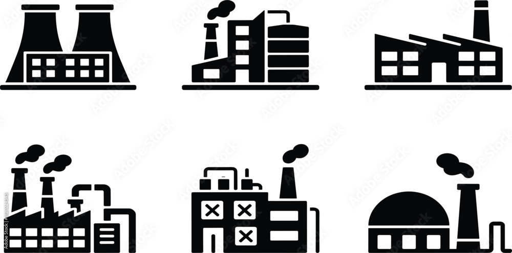 Obraz premium Industrial factory solid icons set, manufacturing plant, power station, production building, and industry vector