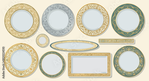 Ornate decorative frames and plates with transparent background