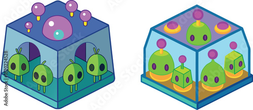 Tiny alien village thriving inside a luminous jelly cube, miniature sci-fi settlement, glowing gelatin world, extraterrestrial microcosm, futuristic tiny civilization, surreal digital art concept.