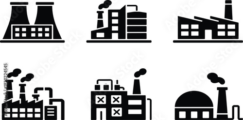 Industrial factory solid icons set, manufacturing plant, power station, production building, and industry vector
