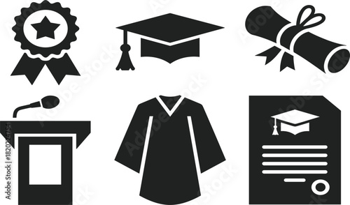 Graduation ceremony solid icons set, academic cap, diploma, gown, achievement, and education vector symbols