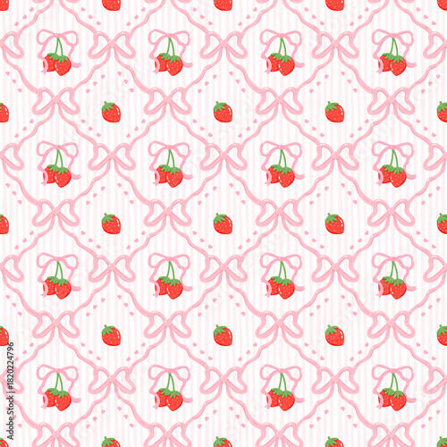 Seamless Strawberry Bow Pattern with Pink Ribbon Coquette Background