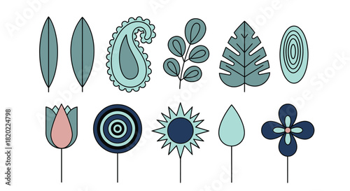 Modern floral pattern with leaves and flowers in trendy blue shades