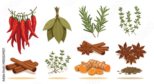 Spices and herbs collection with transparent background