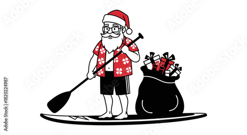 Santa paddle boarding with gifts for Christmas celebrations holiday
