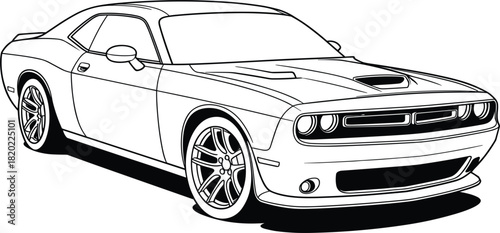 Black and white vector line art illustration of a modern American muscle car coupe with detailed aggressive styling