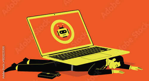 Exhausted businessman crushed by robot overlords on laptop screen