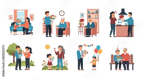 Family moments and celebrations with flowers and gifts