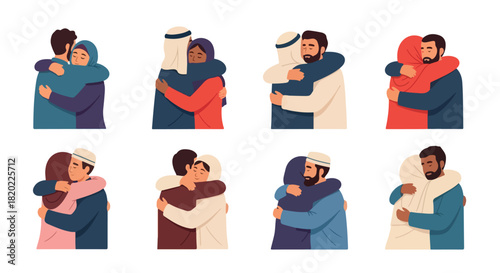 People embracing in traditional clothing