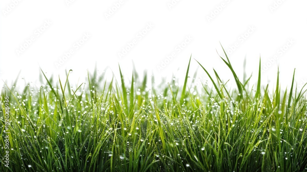 Fototapeta premium A lush green lawn with water droplets, set against a white background, with a clear sky in the background.