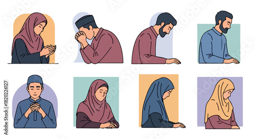 Muslim people praying in various poses
