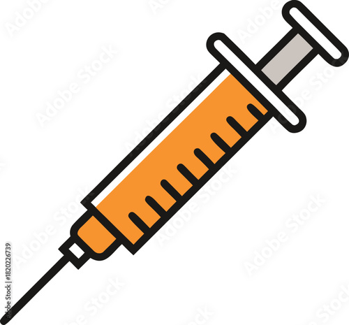 Medical syringe with orange liquid and needle, graphic illustration