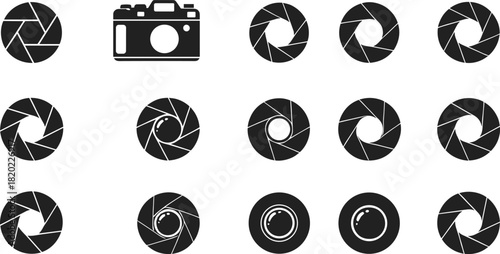 Collection of black and white camera aperture icons and a vintage camera silhouette