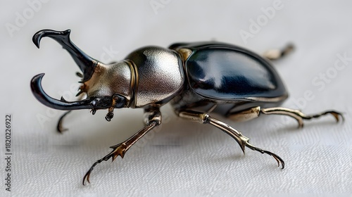Shiny rhinoceros beetle specimen displays prominent curved horns on light textured surface