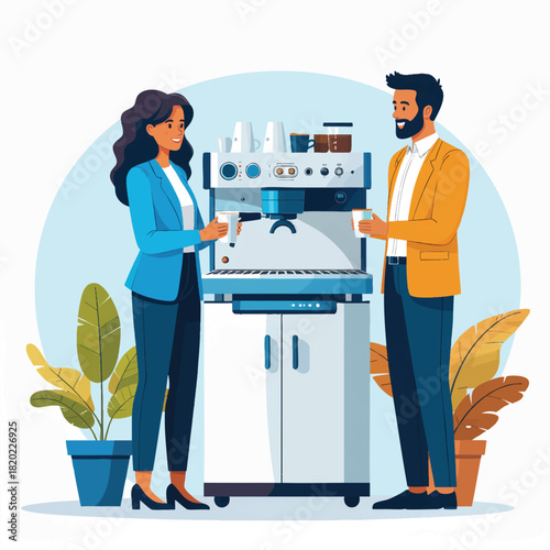 Illustration of a woman and a man standing beside a water cooler with office plants around them against a light blue background.