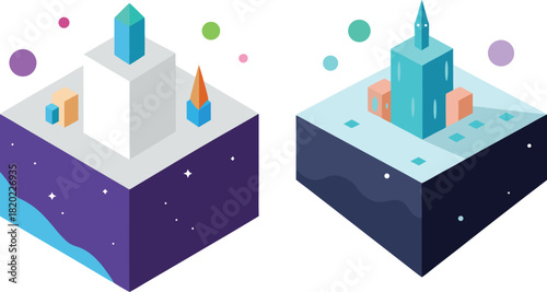 Miniature floating city over sugar cube, interstellar sci-fi landscape, cosmic metropolis, tiny futuristic architecture, surreal imaginative space scene