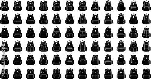 Collection of black backpack icons with various designs and details on a white background