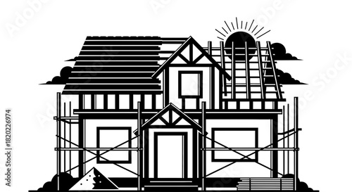 New modern home construction site with scaffolding in black and white