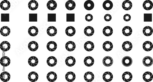 Collection of black camera aperture icons and solid squares on white background diaphragm